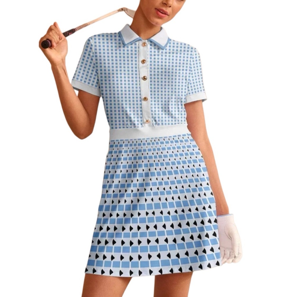 Light Blue Patterned Polo Tennis Dress